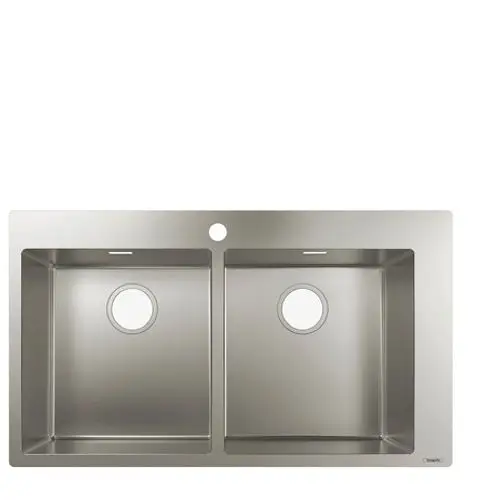 Edelstahlspüle von Hansgrohe mit zwei gleich großen Becken, jeweils mit runden Abflussöffnungen und einer zentralen Bohrung für einen Wasserhahn.